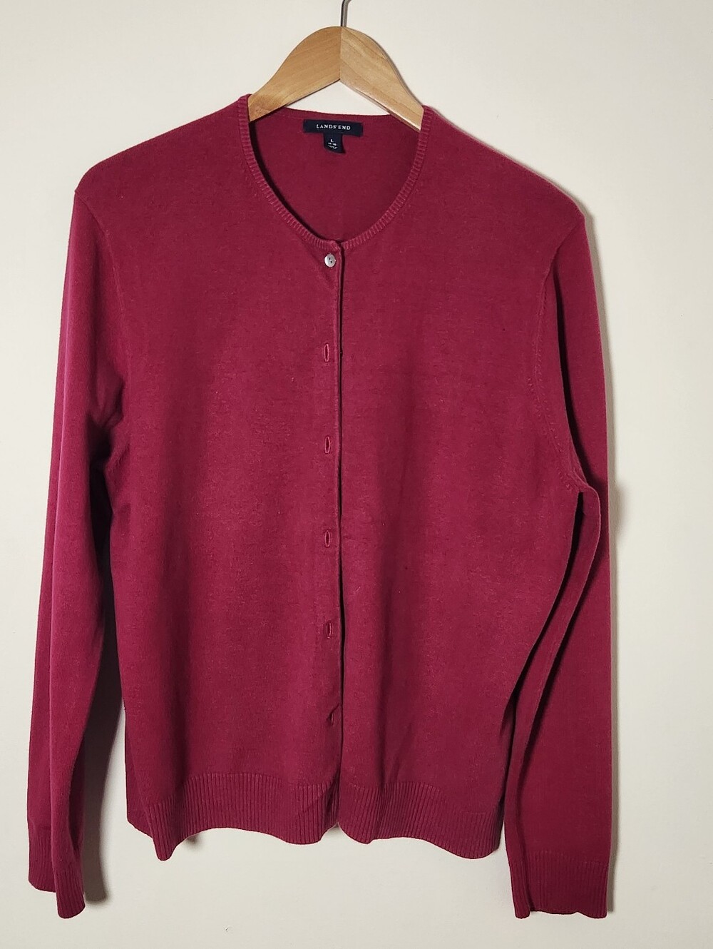 Lands’ End Women’s L Raspberry Cotton Blend Button Front Cardigan Sweater